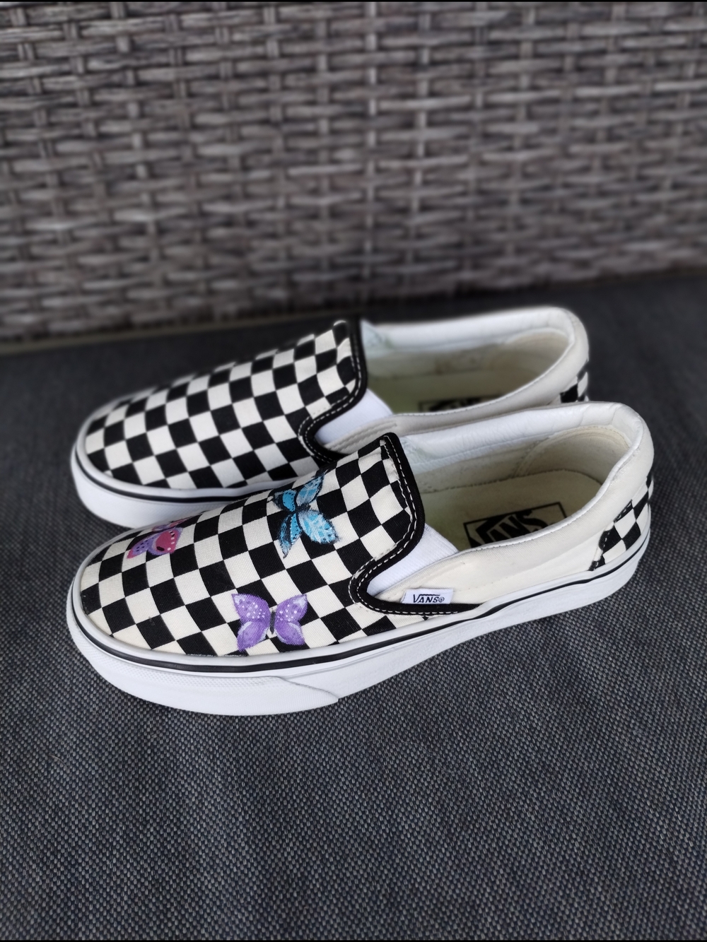 Custom Vans Checkerboard Slip-On Sneakers Hand Painted Butterflies Women's 8